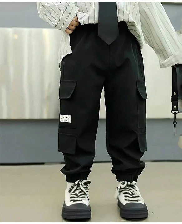 tior Cotton Woven Happy Everyday Text Patch Detailed Cargo Pants - Black